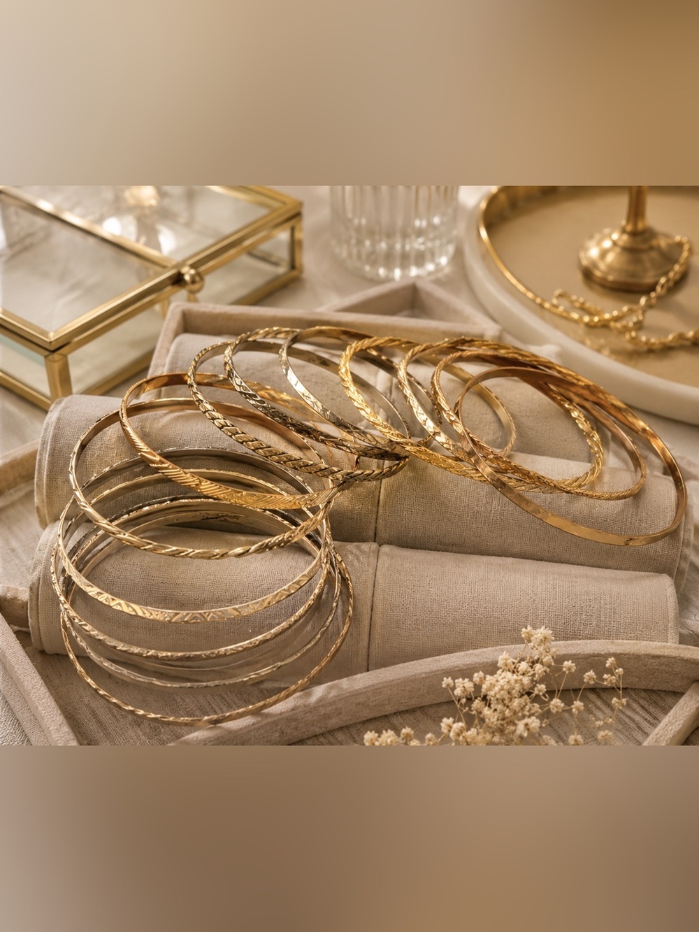 Gold Tone Metal Bangles Set | Stackable Bracelet Bundle | Boho Collection